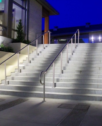Outdoor stair at Lafayette Library, CA, CIRCUM Round installation with LED railing