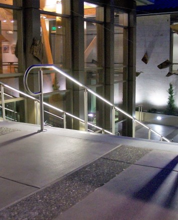Outdoor stair at Lafayette Library, CA, CIRCUM Round installation with LED railing