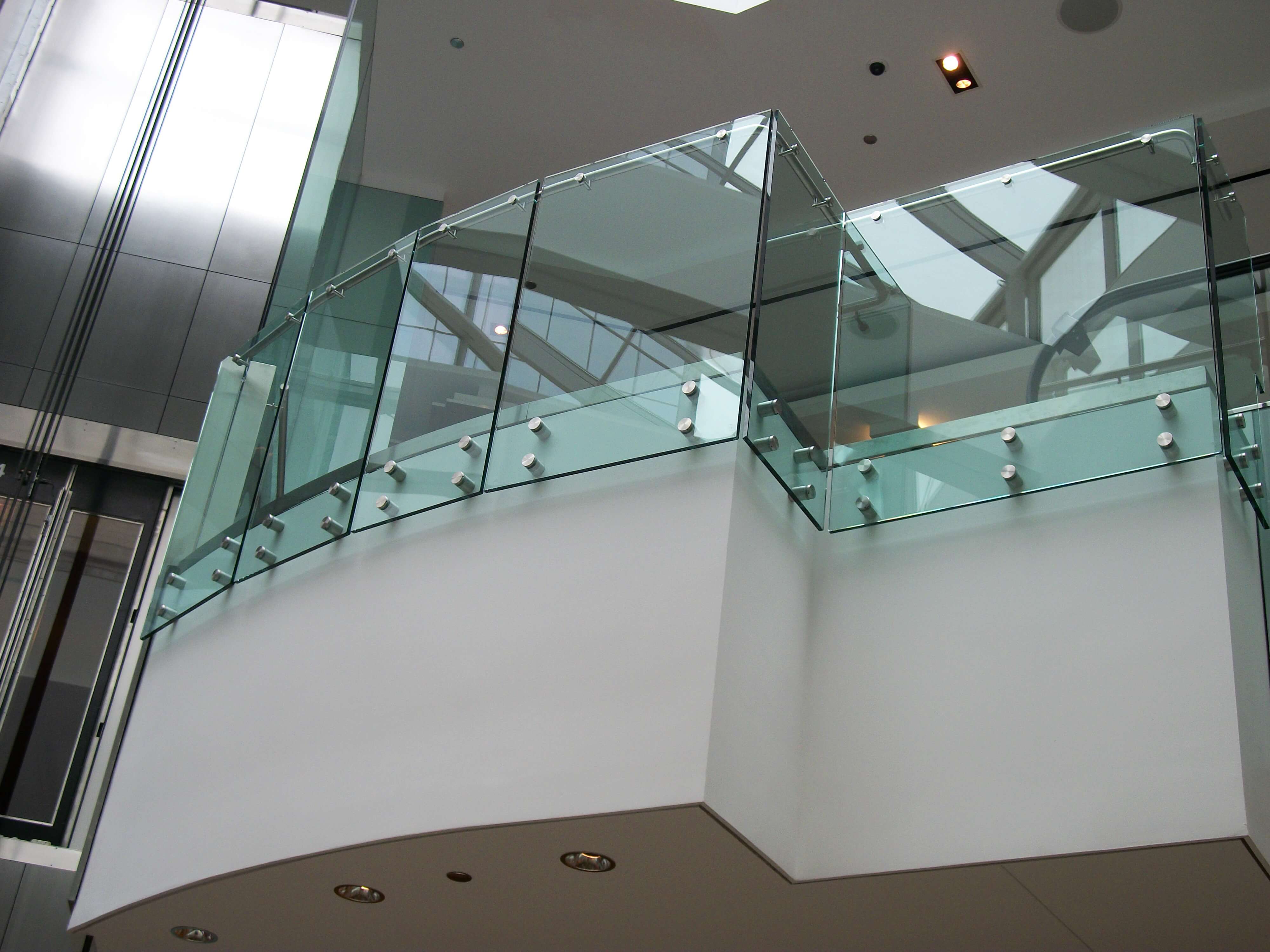 Upward view at a Shopping Mall Chicago, IL, Optik guardrail with clear glass