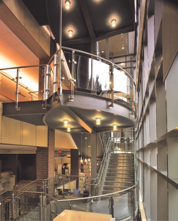 View from ground floor of Inox with clear curved glass infill at the Princeton Public Library, Princeton, NJ.