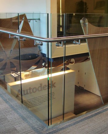 Second floor corner view of Autodesk HQ, MA, Optik guardrail with attached decorative fixtures