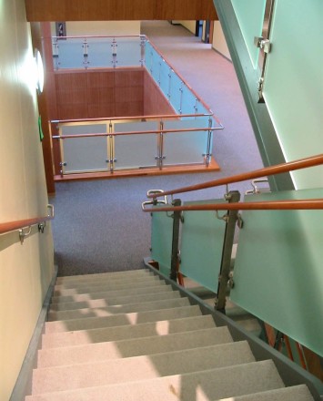 View of Inox guardrail with frosted glass infill at Novartis Pharmaceuticals, NJ.