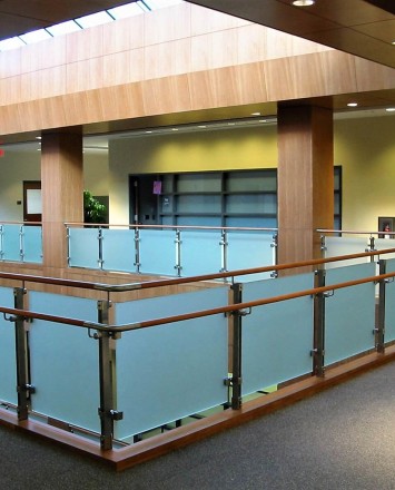 View of Inox guardrail with frosted glass infill at Novartis Pharmaceuticals, NJ.
