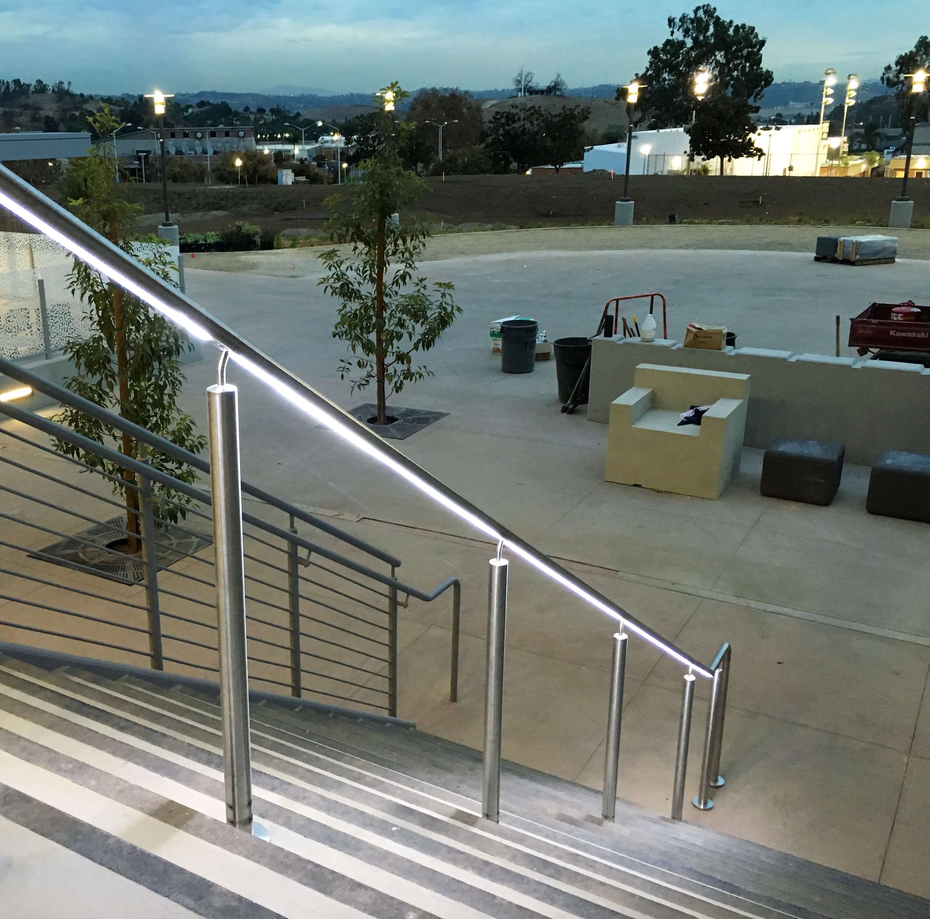 Mt Sac, CA, CIRCUM Round guardrail installation with LED railing