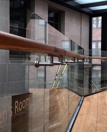 Mt Pleasant Library, DC, Optik Shoe guardrail installation with wood handrail and LED railing