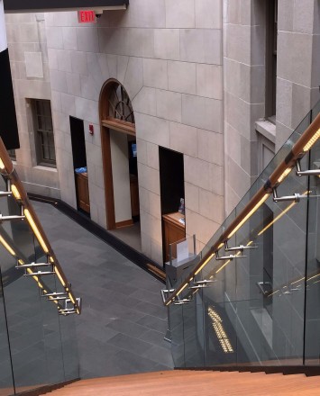 Mt Pleasant Library, DC, Optik Shoe guardrail installation with wood handrail and LED railing