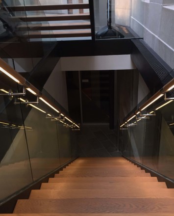 Mt Pleasant Library, DC, Optik Shoe guardrail installation with wood handrail and LED railing