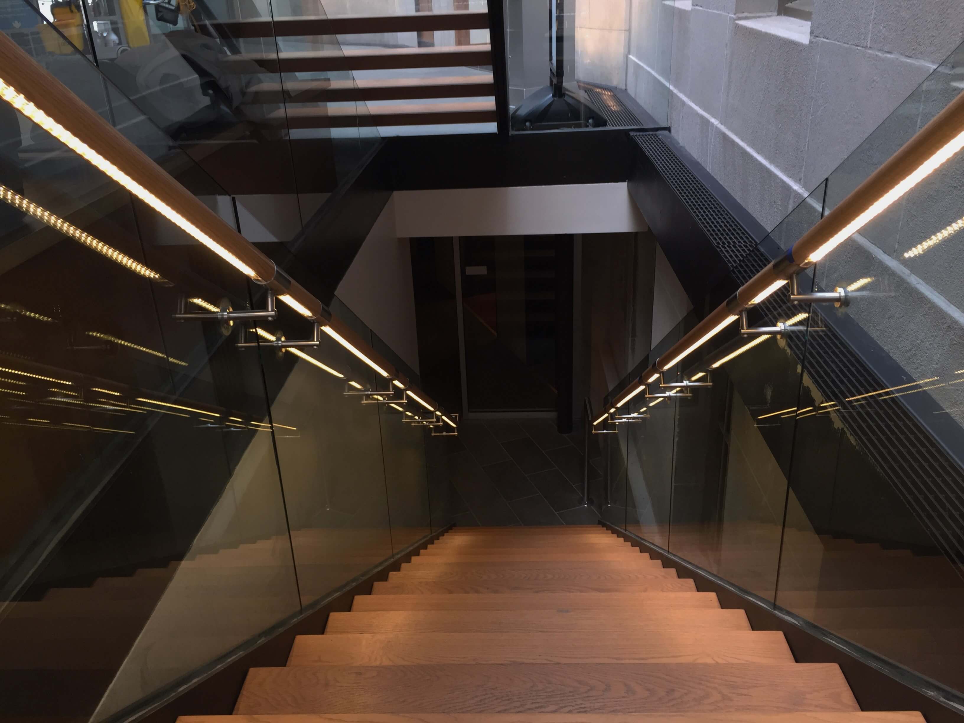 Mt Pleasant Library, DC, Optik Shoe guardrail installation with wood handrail and LED railing