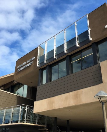 Inox guardrail with glass infill installation at the Catalina island conservancy, CA