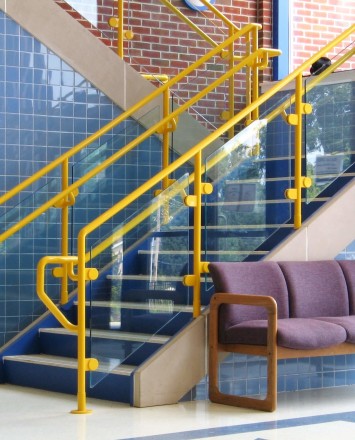 Hewi guardrail with glass infill panels at Kissel Hill Elementary School, PA.