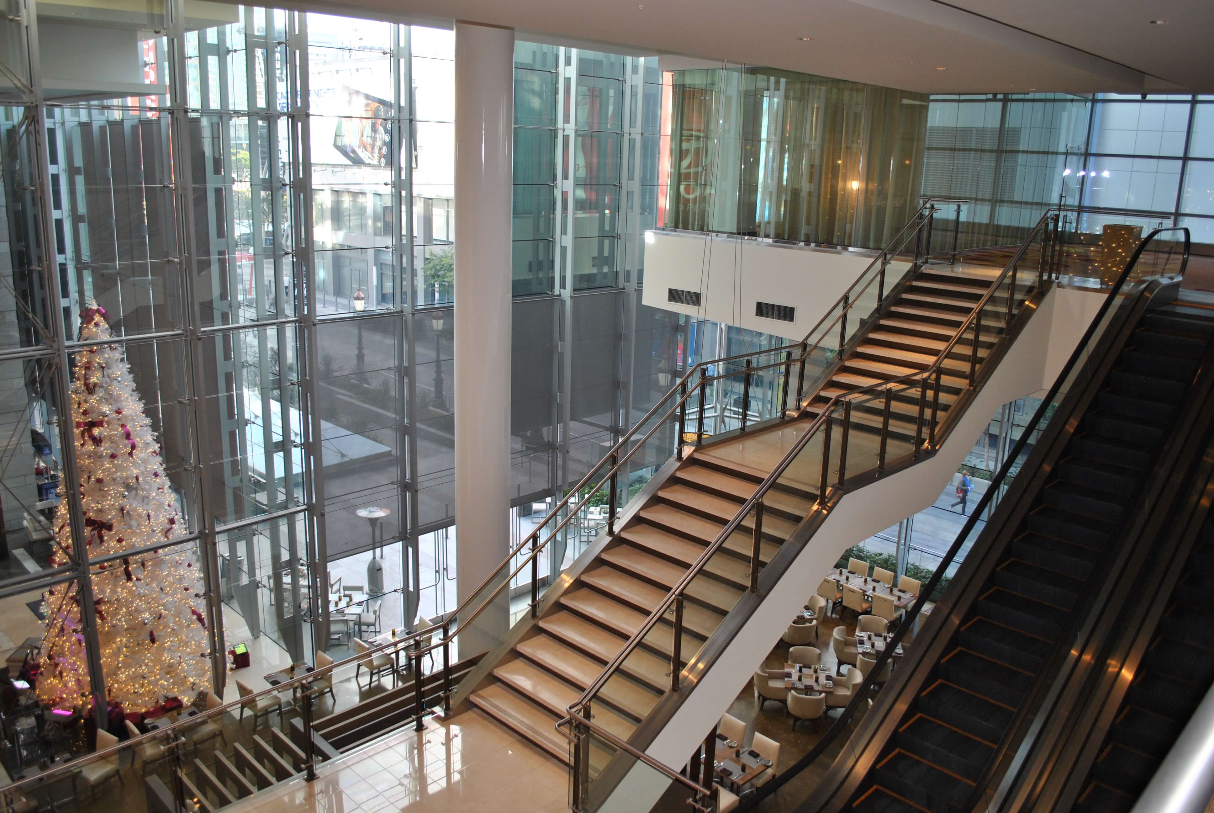 Ferric guardrail with glass infill installation at LA Live Convention Center, CA.