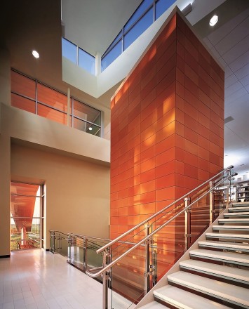 Inox handrail with glass infill installation at the Naperville Public Library, Naperville, IL
