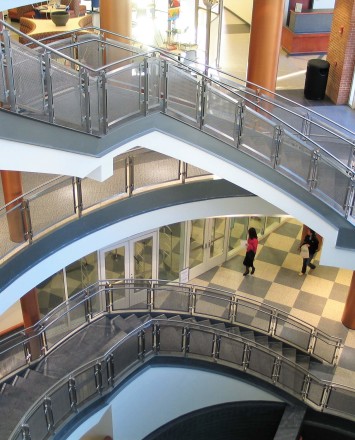 Inox curved handrail with stainless steel infill installation at Southern Connecticut State University, CT.