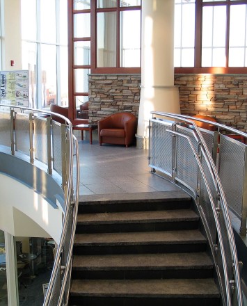 Inox curved handrail with stainless steel infill installation at Southern Connecticut State University, CT.