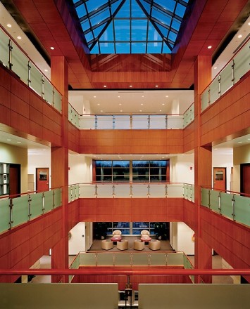 Inox handrail with frosted glass infill installation at Novartis Pharmaceuticals, NJ.