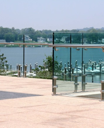 Outdoor balcony view of K Hovnanian HQ, NJ, Kubit short posts with glass infill panels and attached handrail