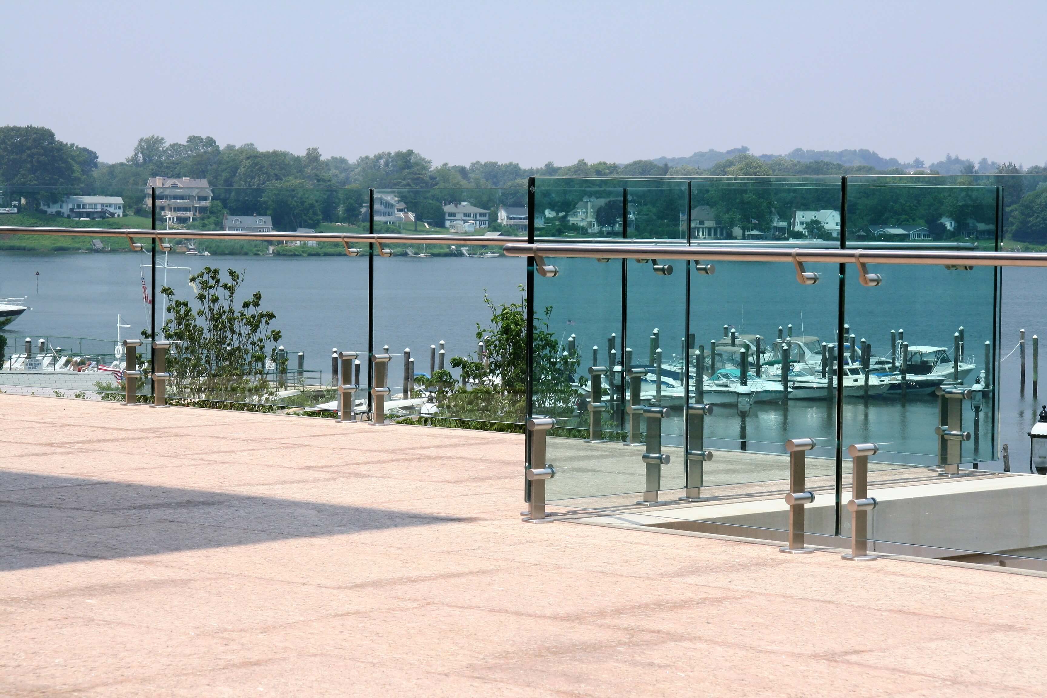 Outdoor balcony view of K Hovnanian HQ, NJ, Kubit short posts with glass infill panels and attached handrail