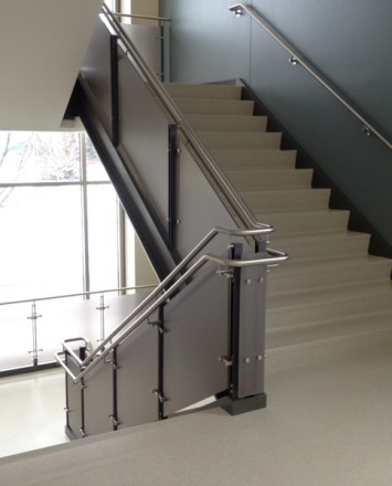 Stairwell view of Ferric guardrail installation at Fox Valley Tech, WI.