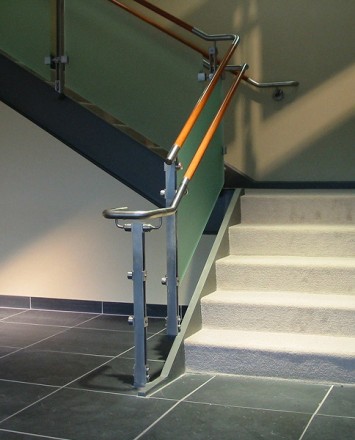 Inox handrail with frosted glass infill installation at Novartis Pharmaceuticals, NJ.