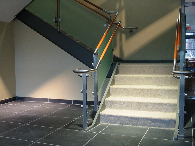 Inox handrail with frosted glass infill installation at Novartis Pharmaceuticals, NJ.