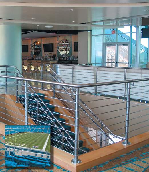 Over the top stairwell view at Alltel Stadium (Jacksonville Jaguars), FL. CIRCUM guardrail with raked and horizontal infill rails