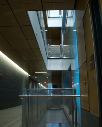 Dual floor view of Central Michigan University, MI, CIRCUM guardrail with perforated stainless steel infill panels
