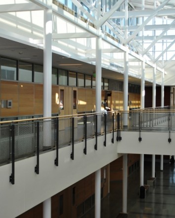 Open & airy second view of De Anza College, CA, Ferric guardrail with stainless steel posts and woven mesh infill panels