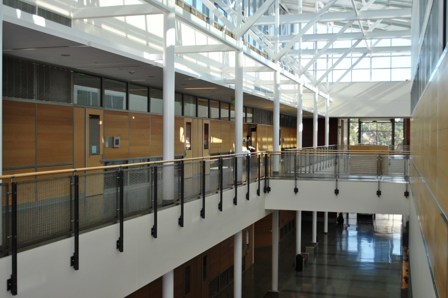 Open & airy second view of De Anza College, CA, Ferric guardrail with stainless steel posts and woven mesh infill panels