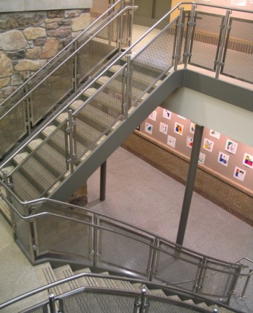 Dual Downward view of a Private School, PA, CIRCUM guardrail with curved stainless steel perforated infill panels