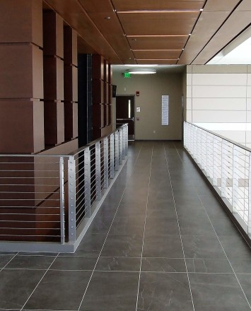 View of Rock Valley College entrance, IL, Weld mounted posts, KOTO guardrail