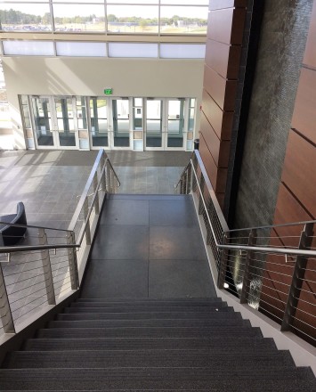 View of Rock Valley College entrance, IL, Weld mounted posts, KOTO guardrail