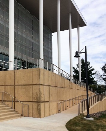 View of Rock Valley College entrance, IL, Core mounted posts, KOTO guardrail