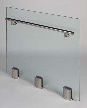 Closeup Studio shot of 3 metal ellipsis Optik POD mounting hardware with glass infill & stainless steel rail