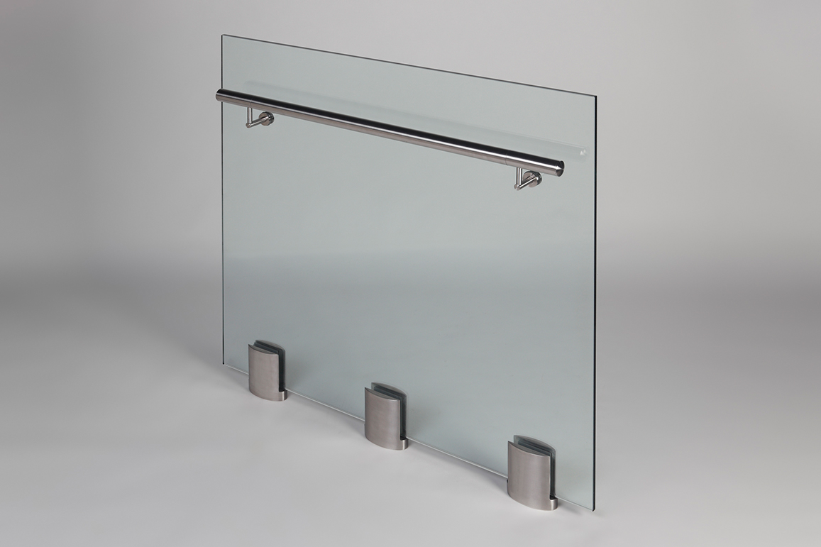 Closeup Studio shot of 3 metal ellipsis Optik POD mounting hardware with glass infill & stainless steel rail