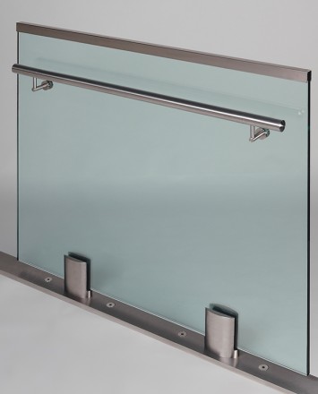 Closeup Studio shot of 2 metal ellipsis Optik POD mounting hardware with glass infill & stainless steel rail