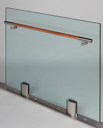 Closeup Studio shot of 2 metal ellipsis Optik POD mounting hardware with glass infill & wood rail