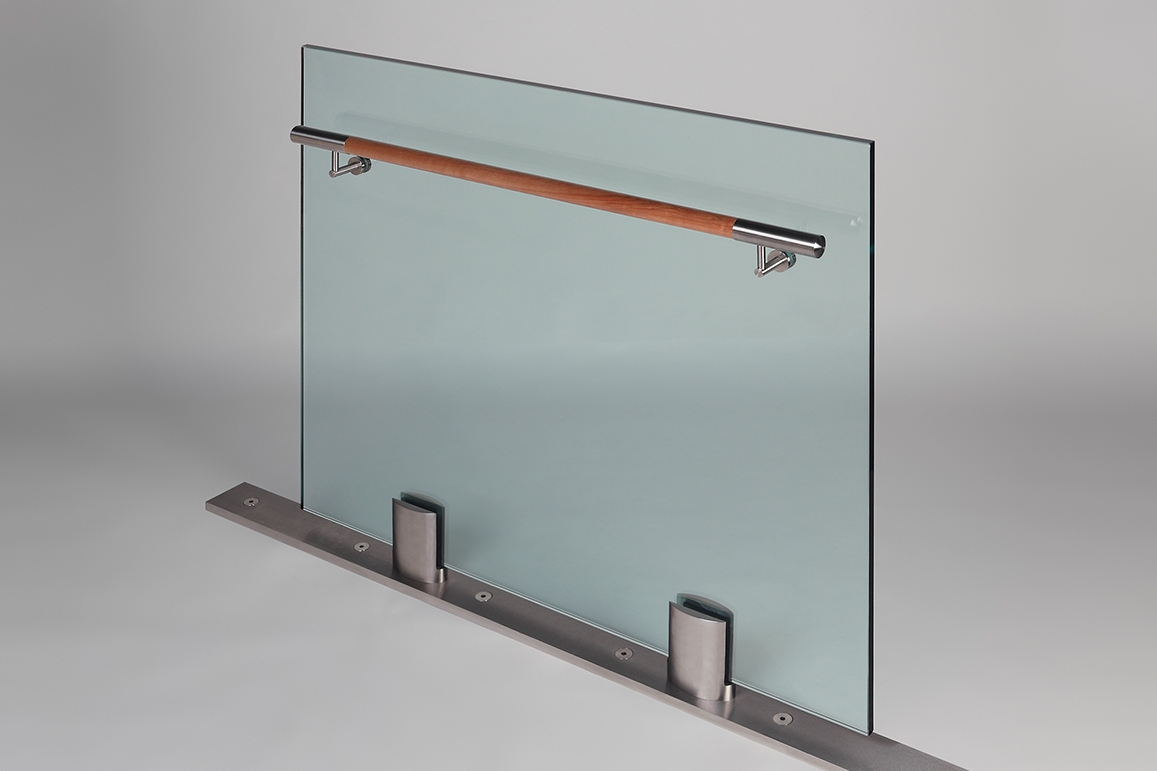 Closeup Studio shot of 2 metal ellipsis Optik POD mounting hardware with glass infill & wood rail