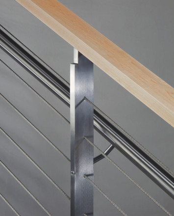 Closeup of KOTO, connections with stainless steel handrail and wood top cap