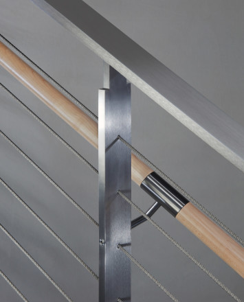 Closeup of KOTO, connections with wood handrail and stainless steel top cap