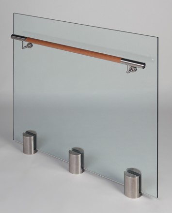 Closeup Studio shot of 3 metal round Optik POD mounting hardware with glass infill & wood rail