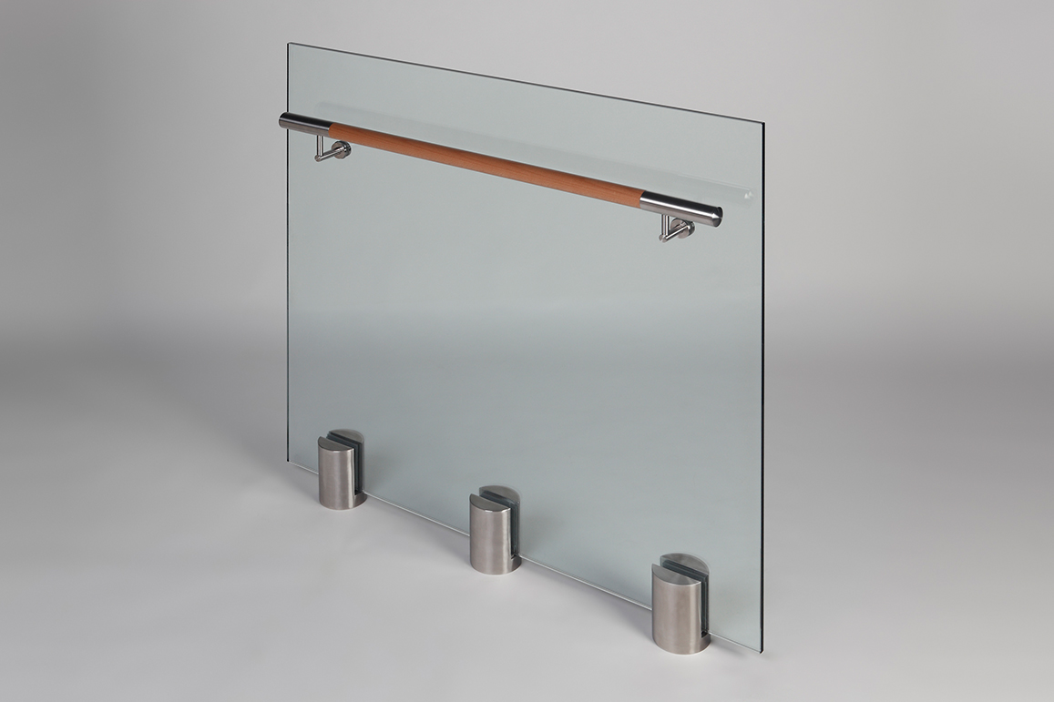 Closeup Studio shot of 3 metal round Optik POD mounting hardware with glass infill & wood rail