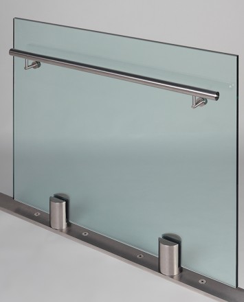 Closeup Studio shot of 2 metal round Optik POD mounting hardware with glass infill & stainless steel rail