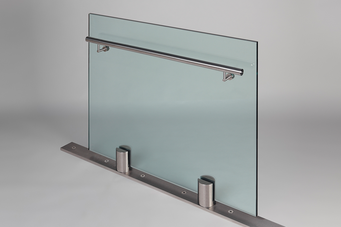 Closeup Studio shot of 2 metal round Optik POD mounting hardware with glass infill & stainless steel rail