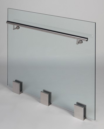 Closeup Studio shot of 3 metal square Optik POD mounting hardware with glass infill & stainless steel rail