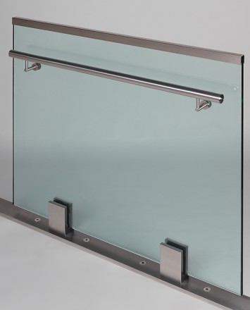 Closeup Studio shot of 2 metal square Optik POD mounting hardware with glass infill & stainless steel rail