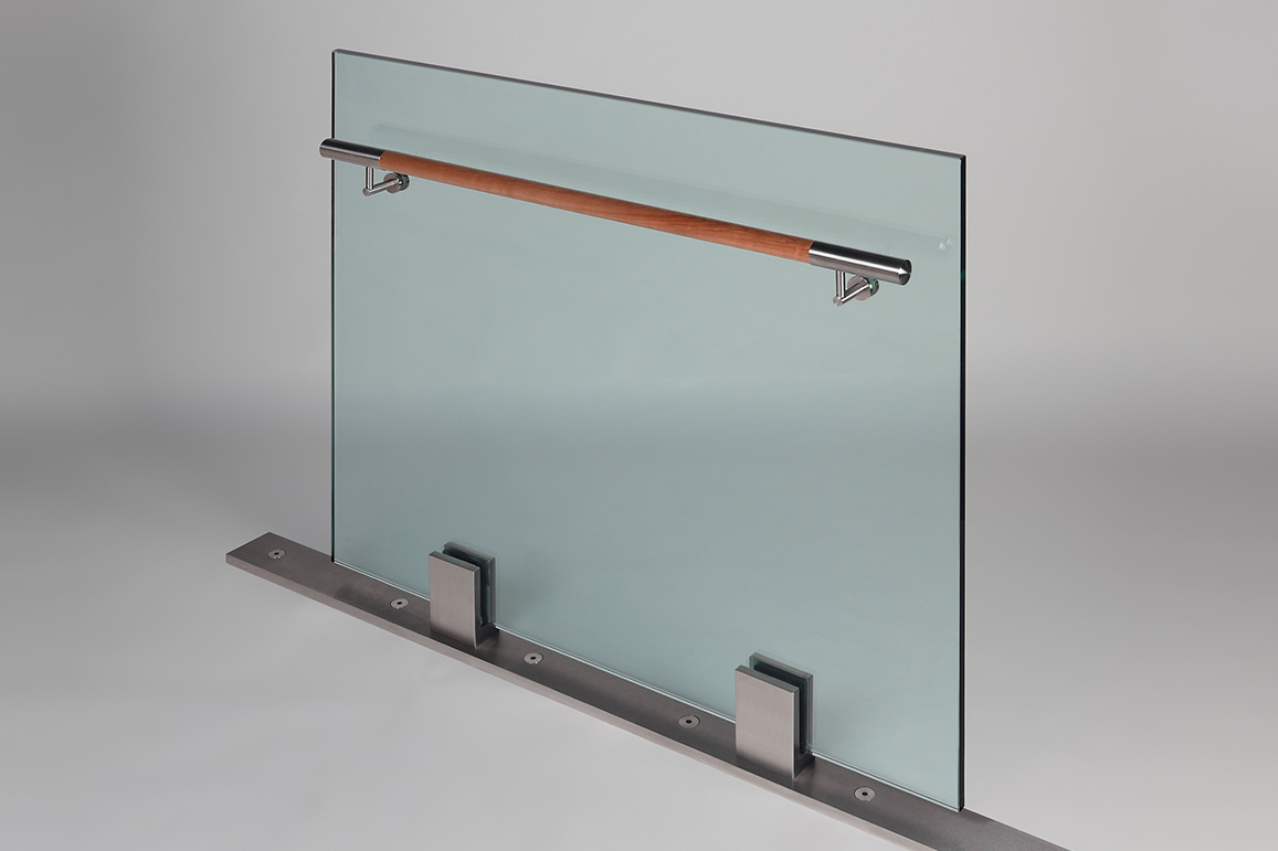 Closeup Studio shot of 2 metal square Optik POD mounting hardware with glass infill & wood rail