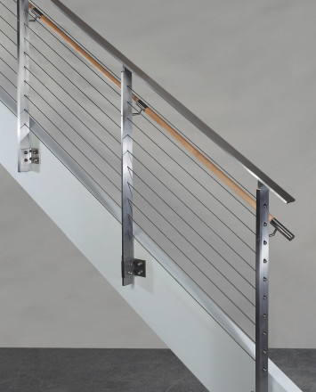 Side view of KOTO, side mounted railing with wood handrail and stainless steel top cap