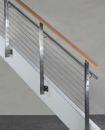 Side view of KOTO, side mounted railing with stainless steel handrail and wood top cap