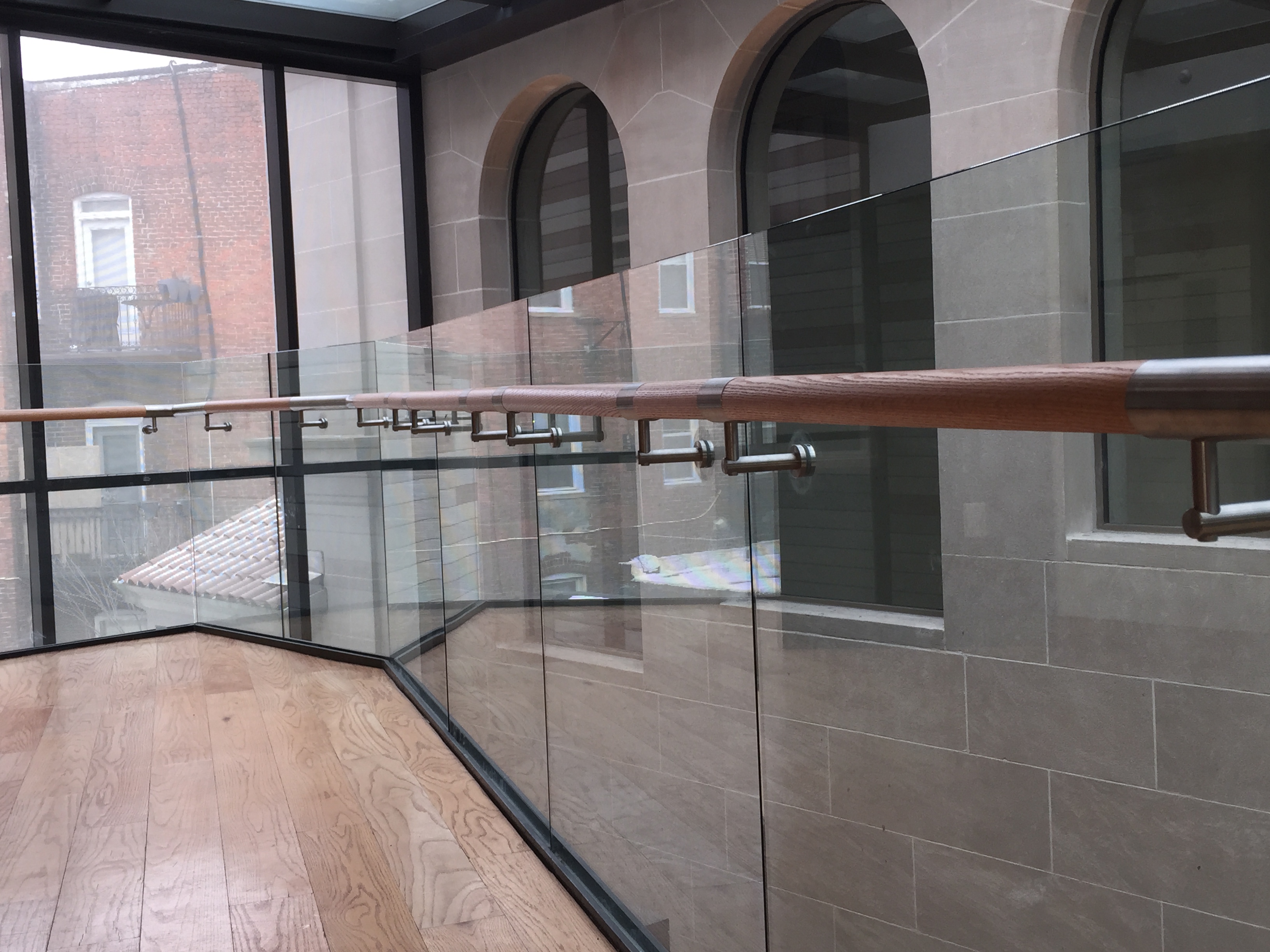 Corner view of Mount Pleasant Library, Washington DC, Optik Shoe with wood handrail and LED