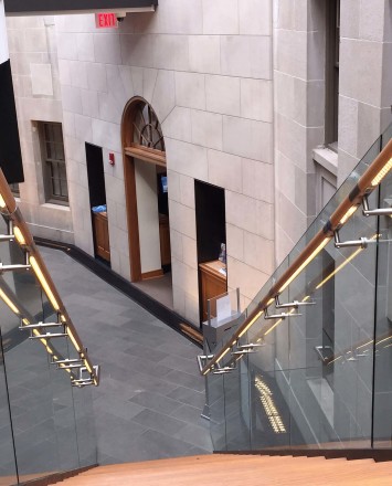 Downward shot of Mount Pleasant Library, Washington DC, Optik Shoe with wood handrail and LED handrail system